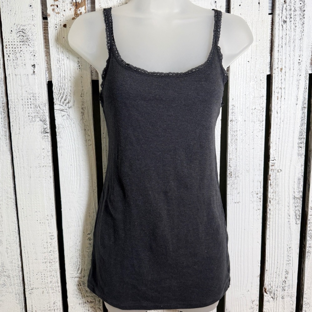 Y2K Old Navy Lace Trim Tank Top Medium Cami Charcoal Gray Coquette Fairy Grunge